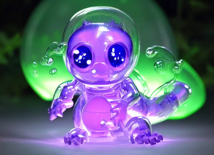 Prompt: photo of a translucent clear chibi style baby dinosaur with symmetrical head and eyes, made out of clear plastic, but has purple hypercolor glowing electric energy inside its body, and electricity flowing around the body. in the forest. electric bubbles and electric red clear glass hearts, fantasy magic style. highly detailed. intricate design by pixar