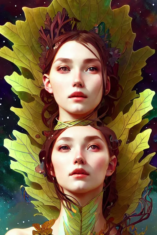 Image similar to beautiful ancient girl in makeshift leaf armor, deep space, another world, highly detailed, digital painting, artstation, sharp focus, illustration, art by tan zi and ayanamikodon and alphonse mucha and wlop