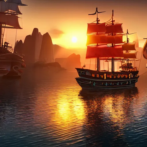 Prompt: a pirate ship sails along the coast of a futuristic neon sci - fi city at golden hour, volumetric lighting ultra realistic 8 k detail