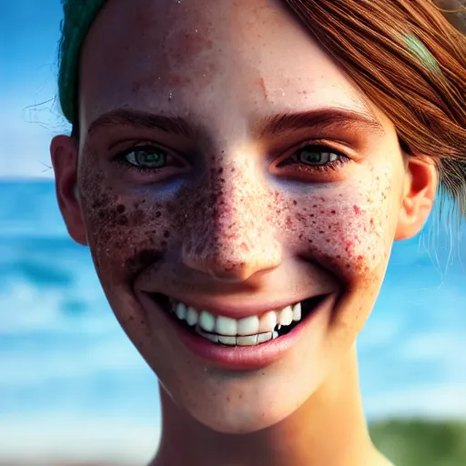 Image similar to portrait of a cute thin young woman, bronze brown hair, eye color is emerald green, red blush, cute freckles, smug smile, modern clothes, relaxing on the beach, golden hour, close up shot, 8 k, art by irakli nadar, hyperrealism, hyperdetailed, ultra realistic