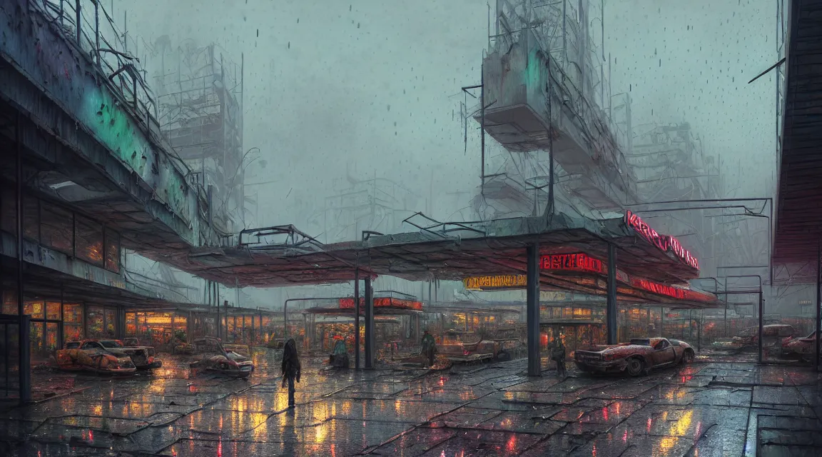 Prompt: post apocalyptic shopping center, raining, building, avenue, modern contemporary urban americana concrete architecture, paved roads, by thomas kinkade, pascal blanche, greg rutkowski, shaddy safadi, neil blevins trending on artstation, photorealistic, neon ambiance, ultra detailed, high definition, depth of field, wild vegetation, blood stains, crumbling