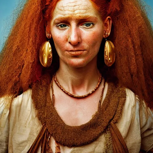 Prompt: Extremely detailed photo realistic matte portrait painting of winking 15th Century Barbary Coast pirate Woman with Ginger hair and Golden hooped earrings photography by Steve McCurry