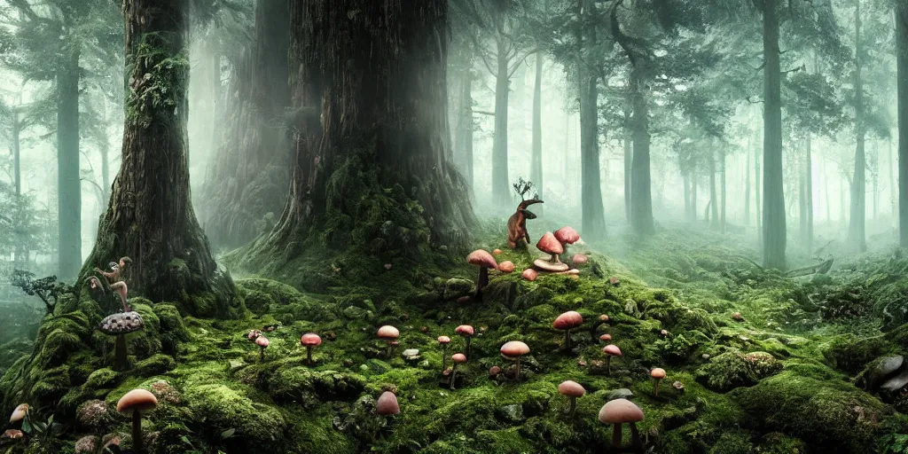 Image similar to Photo by Filip Hodas of the cinematic view of the Forest of the Giants, a troll is eating a giant mushroom, photorealism, photo taken with canon 5D