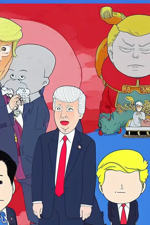 Image similar to joe biden and donald trump and vladimir putin and xi jinping manga, color, best scene, studio ghibli, chibi style, by katsuhiro otomo and hiroya oku and makoto yukimura