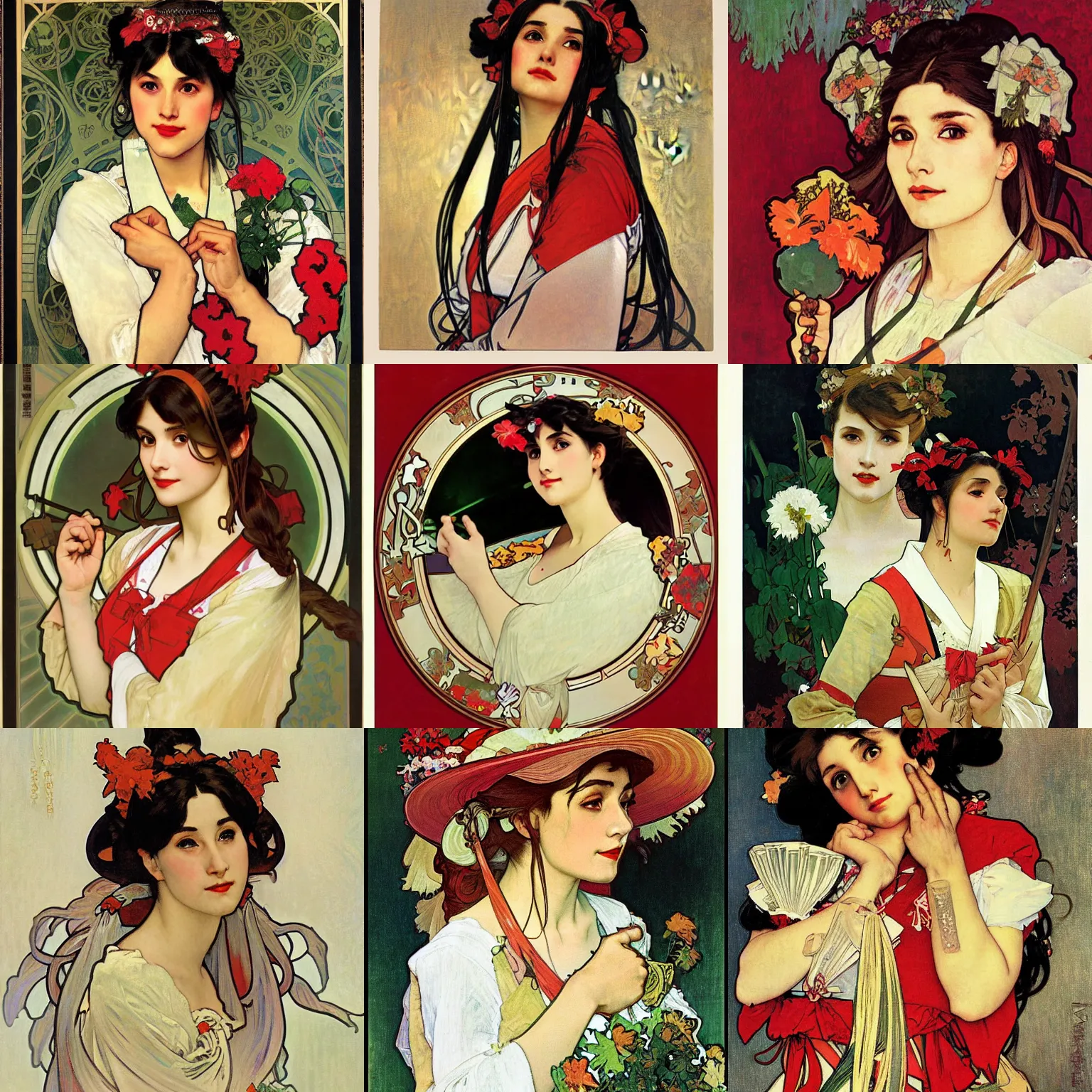 Prompt: a masterpiece portrait painting of reimu hakurei, by alphonse mucha and norman rockwell