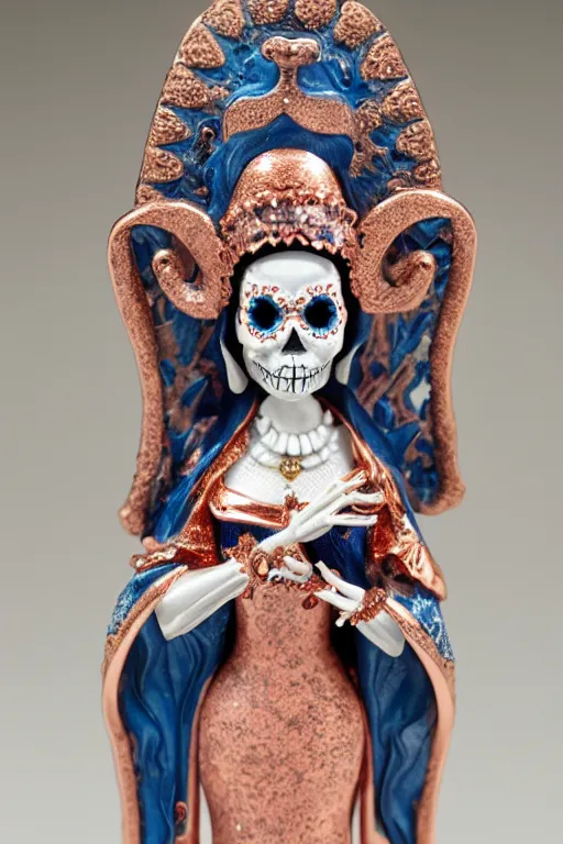 Image similar to an polished texturized sculpture of La Catrina in rose gold and white and blue chinese porcelain by kris kuksi