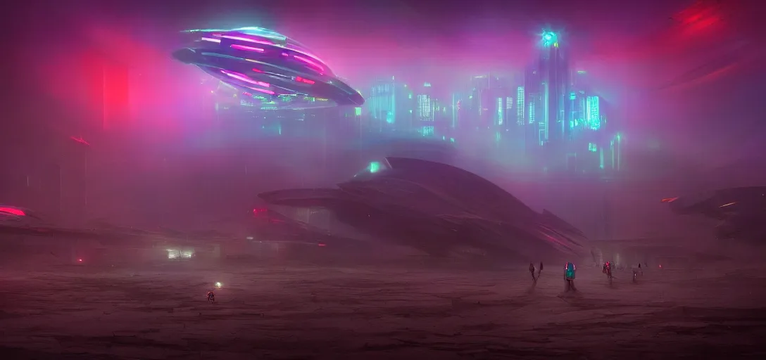 Image similar to view from the desert ground fire night stars of futuristic mechanical blade runner cyberpunk mothership, colored fog, neon, light rays, symmetry, cinematic lighting, ultra detailed, sharp, ambient occlusion, bloom, raytracing, by greg rutowski, paul chadeisson and jessica rossier