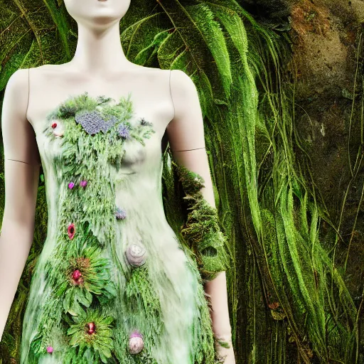 Image similar to a haute couture dress of ferns and flowers and glacial runoff, curvy features, costume design + octane render + hyper realistic + swampy background, vintage