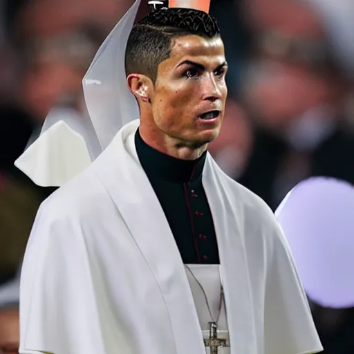 Image similar to cristiano ronaldo as pope, accurate, 30mm, dramatic lighting, nikon