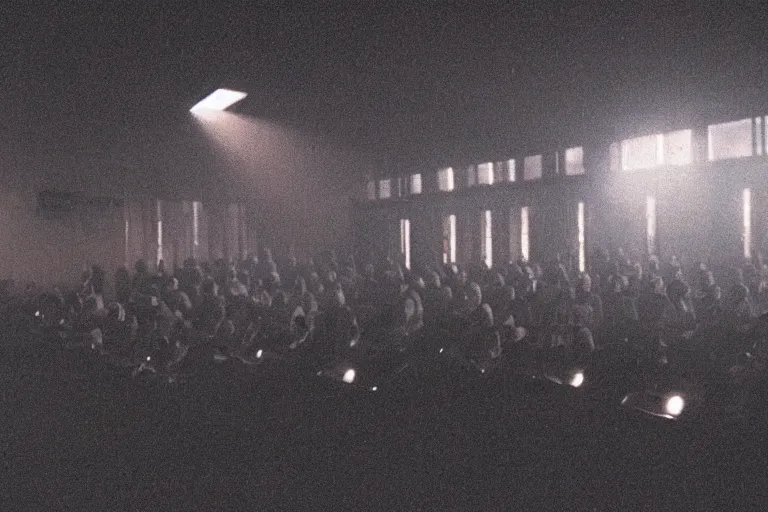 Image similar to back of a man facing a dark conference hall, people cheering at the atmospheric and obscure, red neon light, by roger deakins, cinematography, syd mead