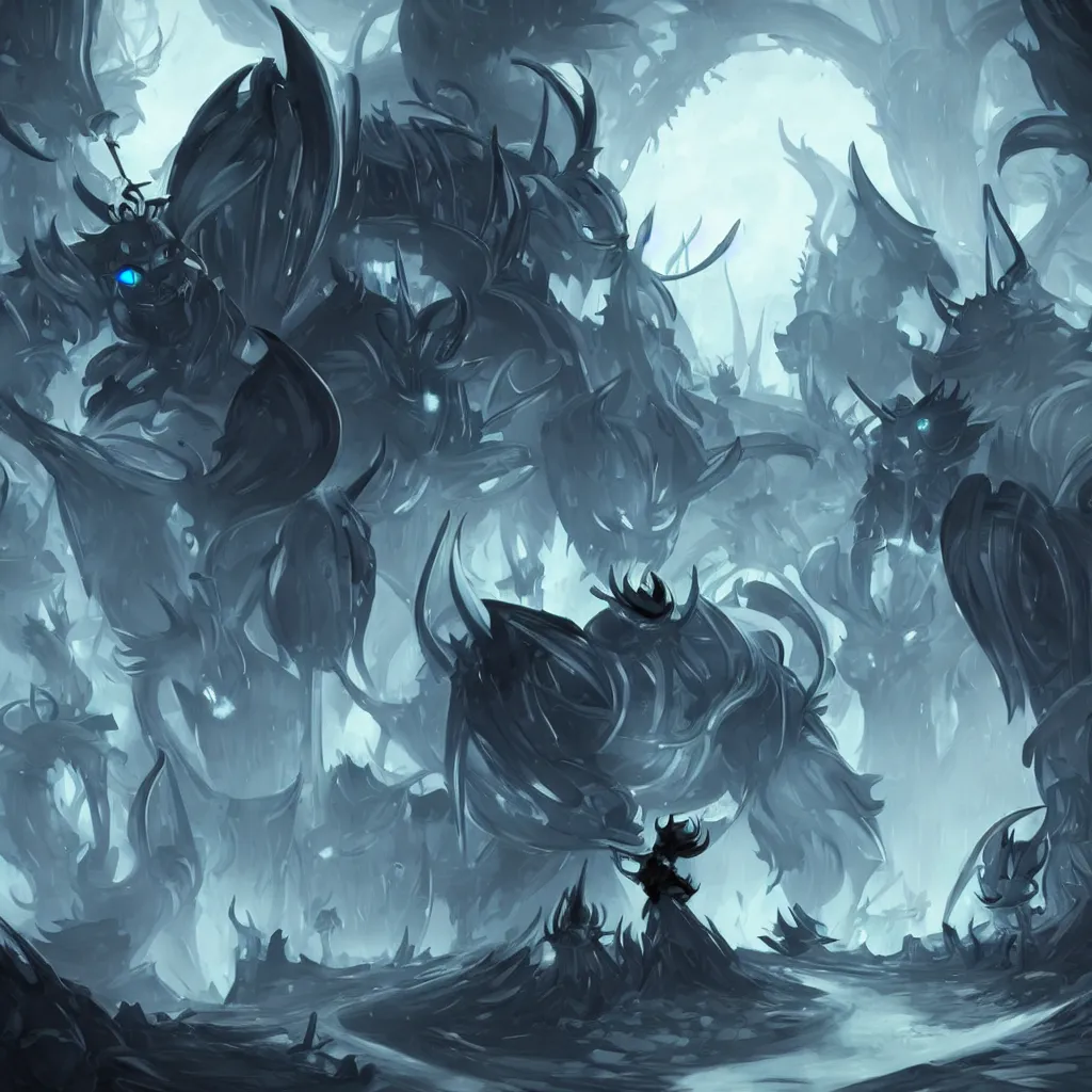 Image similar to concept art for hollow knight. Ominous. High detail. No text. Blue. Bright Colors. nightmare king grimm. Sharp. 4K 8K. Detailed shapes.