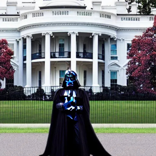 Prompt: darth vadar standing in front of the white house in the USA