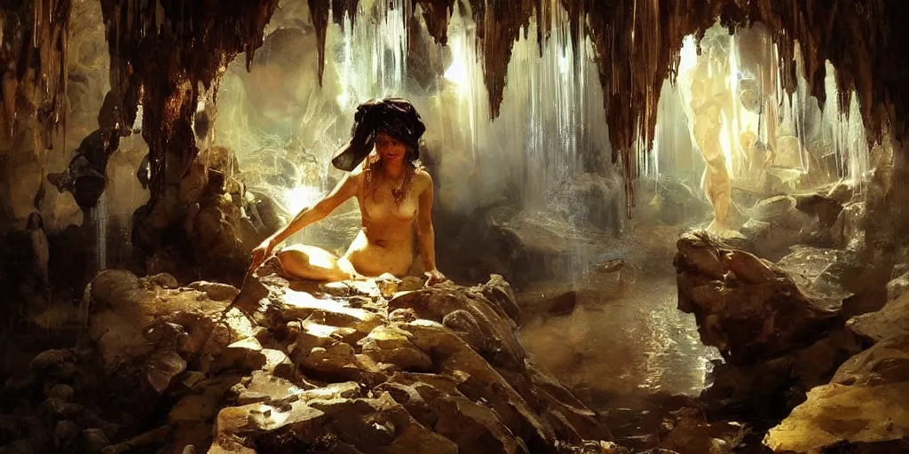 Image similar to beautiful oil painting, high details, a cave full of gold and diamonds, a true cavern of ali - baba by anders zorn, wonderful masterpiece by greg rutkowski, beautiful cinematic light, american romanticism, by giger, rolf armstrong, ernie barnes