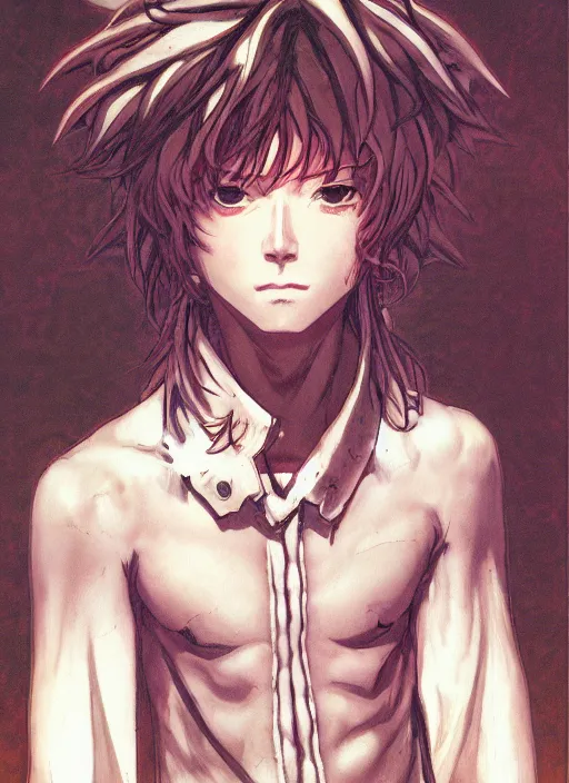 Image similar to prompt : ragnarok online portrait soft light painted by james jean and katsuhiro otomo, inspired by akira anime, epic fantasy, a young long haired peasant boy with dark skin, brown skin, a dark complexation in plain fantasy clothing with intelligent eyes, intricate oil painting, high detail illustration, sharp high detail, manga and anime 1 9 9 9