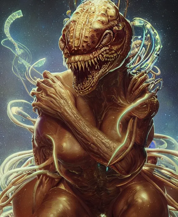 Image similar to portrait of a shining neon lights predatory insect alien crab monster, muscles, rippling, milky way environment, ultra realistic, concept art, intricate details, eerie, highly detailed, photorealistic, octane render, 8 k, unreal engine. art by artgerm and greg rutkowski and alphonse mucha