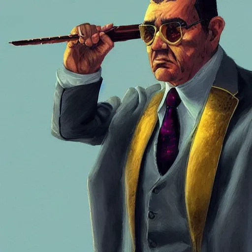 Image similar to “A portrait of a mafia boss in a golden suit, D&D sci-fi, artstation, concept art, highly detailed.”