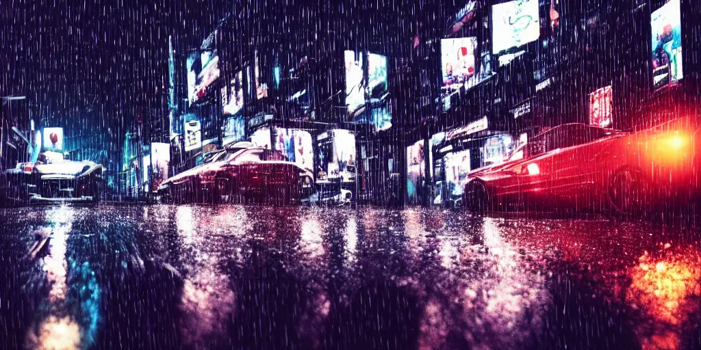 Image similar to a city street at night, raining, photograph, cars on the road, cyberpunk,