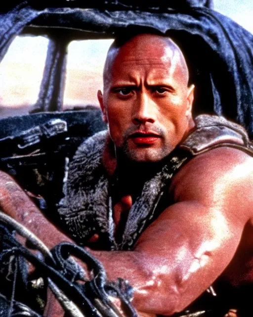 Image similar to film still close up shot of dwayne johnson as max rockatansky in the movie mad max 2 the road warrior. photographic, photography