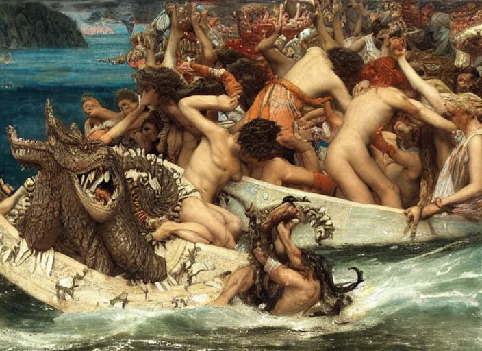 Image similar to the raft of the medusa with godzilla standing in the water, painting by lawrance alma - tadema