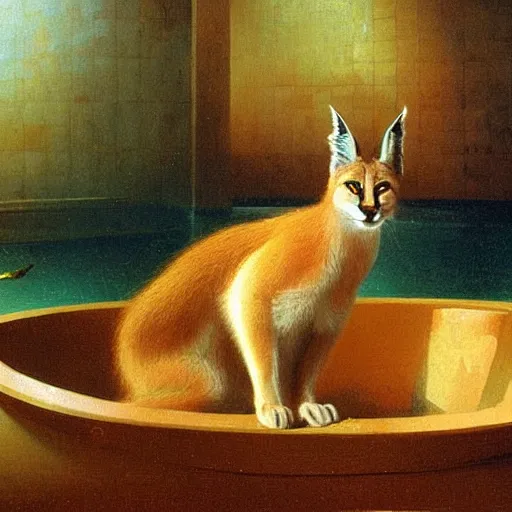 Image similar to cute caracal in bathtub, by Ivan Aivazovsky