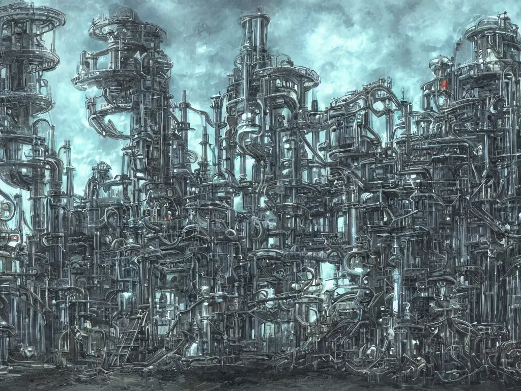 Prompt: futuristic chemical plant with gothic elements, fantasy painting, lots of detail