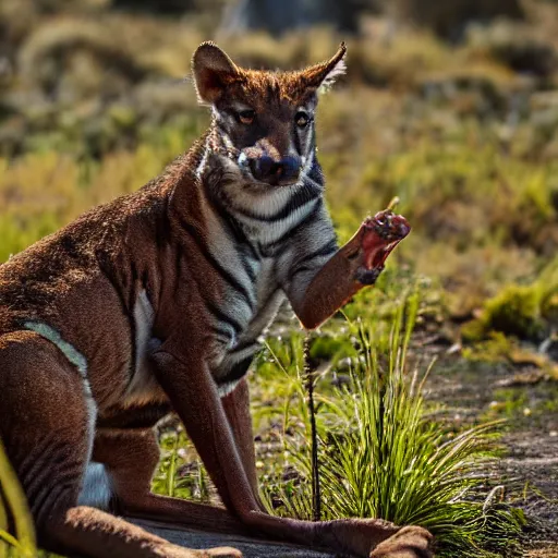 Image similar to Tasmanian Tiger in the wilderness, (Sony a7R IV, symmetric balance, polarizing filter, Photolab, Lightroom, 4K, Dolby Vision, Photography Award)