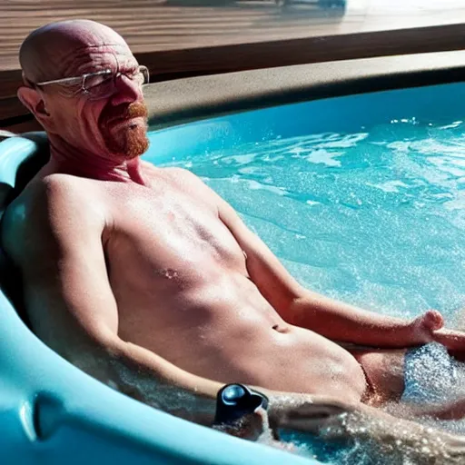 Prompt: photo of walter white relaxing in hot tub with martini