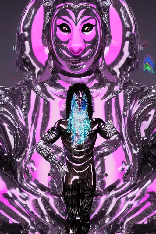 Prompt: hyper detailed ultra sharp fullbody photo of baroque and cyberpunk reflective pink ceramic sculpture of a muscular seductive young brazilian feeling highly aroused bem dotado, iridescent humanoid deity wearing black and white striped seethrough cloak, holding a rainbow tiger gem, blue diamond, glowing pink face, crown of white diamonds, cinematic lighting, photorealistic, octane render 8 k