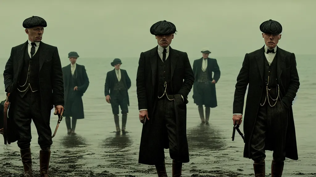 Image similar to the peaky blinders with shrimps instead of heads coming out of the ocean film still from the movie directed by denis villeneuve with art direction by zdzis