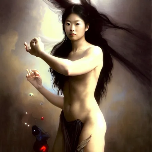 Image similar to awe-inspiring award-winning concept art painting of attractive Ashley Liao in black shrouds as the goddess of the moonbow, rainbow, by Michael Whelan, William Adolphe Bouguereau, John Williams Waterhouse, and Donato Giancola, cyberpunk, extremely moody lighting, glowing light and shadow, atmospheric, shadowy, cinematic, 8K,