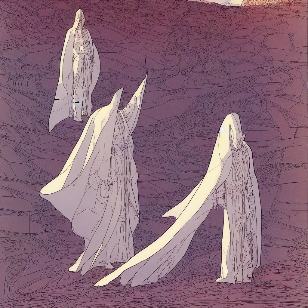 Prompt: a beautiful lcentered illustration by jean giraud and moebius of a man with a fine cloak white, desert, intrincate, super detailed, futurism scheme