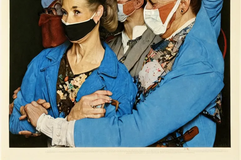 Prompt: portrait of a woman! wearing a jacket!!! wearing a chirurgical blue!!! mask, happy, norman rockwell!