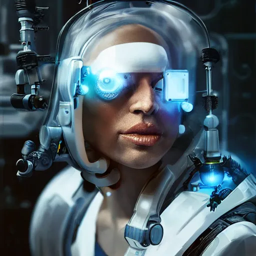 Image similar to cyborg scientist by jama jurabaev, cinematic shot, extremely detailed, trending on artstation, high quality, brush stroke