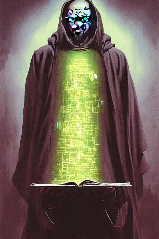 Image similar to painting of walter white as a cloaked tech priest holding a book, adeptus mechanicus!, cybernetic enhancements attached to his body, praise the omnissaiah, zdzislaw beksinski, lewis jones, mattias adolfsson, warhammer 4 0 k!!, cold hue's, warm tone gradient background, concept art, digital painting