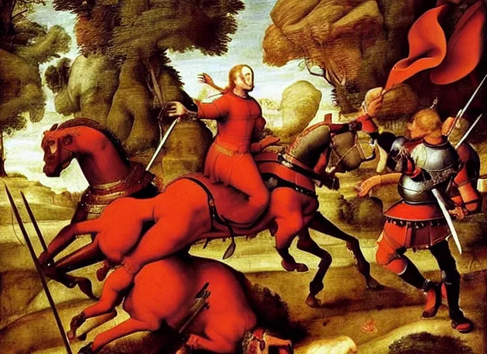 Image similar to a renaissance painting of a war between knights in red armor riding horses and drow warriors riding giant spiders, by raphael, great masterpiece, award winning historic painting, dynamic composition