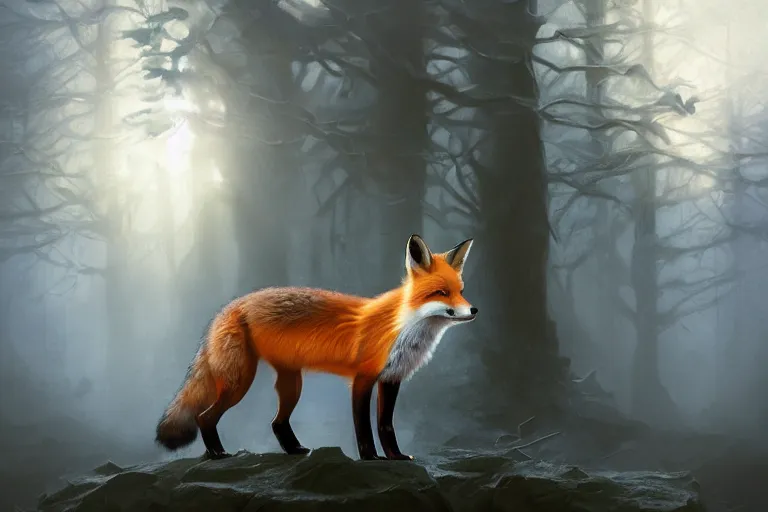 Image similar to portrait of a fox wearing blue coat stood outside a school, trending on artstation, highly detailed, digital painting, volumetric light, concept art, middle focus, illustration, lighting by Marc Adamus, daren bader, aleksi briclot, rutkowski, bouguereau