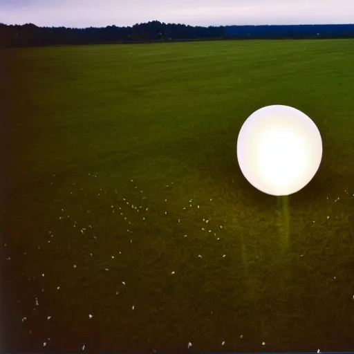 Prompt: an aerial photo of Kanye West carrying a small glowing white orb in a field of dead grass next to a lake, wide angle, in the distance, far away, vintage photo, film grain, cold weather