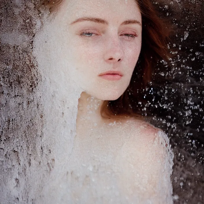 Image similar to Kodak Portra 400, 8K,ARTSTATION, CarolineGariba, soft light, volumetric lighting, highly detailed, britt marling style 3/4 ,portrait photo Close-up portrait photography of a beautiful woman how pre-Raphaelites, the face emerges from Pamukkale, thermal waters flowing down white travertine terraces, inspired by Ophelia paint ,and hair are intricate with highly detailed realistic beautiful flowers , Realistic, Refined, Highly Detailed, interstellar outdoor soft pastel lighting colors scheme, outdoor fine art photography, Hyper realistic, photo realistic