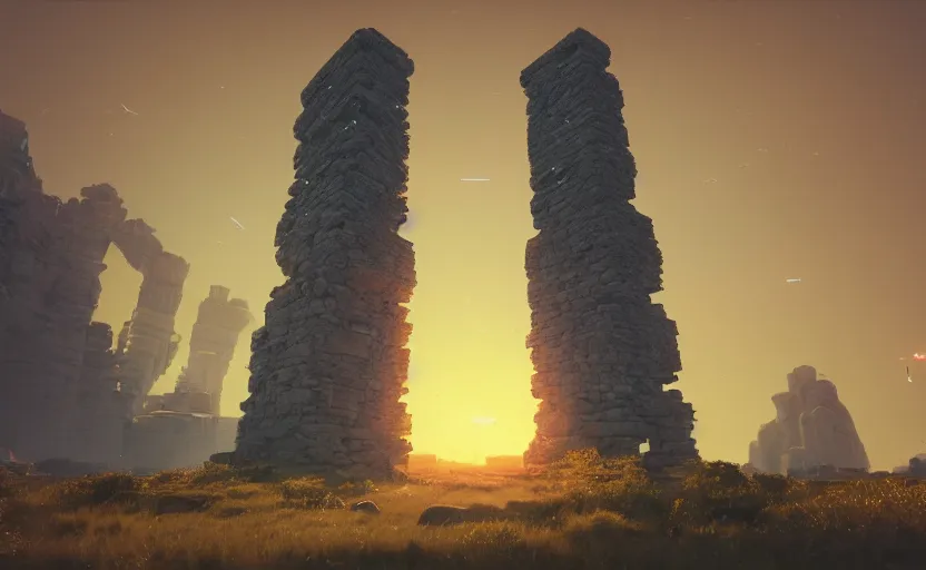 Prompt: A landscape with a giant stone brick tower with pillars on top at sunset, magical portal, cyberpunk, Low level, rendered by Beeple, Makoto Shinkai, syd meade, simon stålenhag, environment concept, synthwave style, digital art, unreal engine, WLOP, trending on artstation, 4K UHD image, octane render