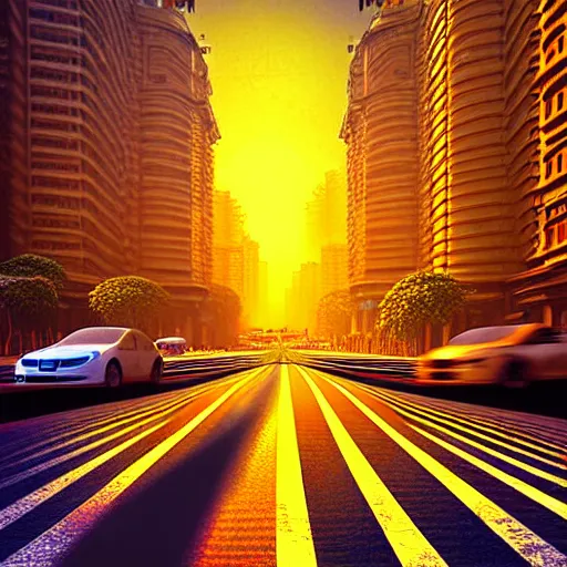 Image similar to mumbai in the future, city streets, golden hour, perspective artwork, photorealism