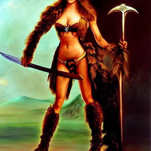 Image similar to barbara palvin supermodel posing as an amazon with a sword painted by boris vallejo, 1 9 9 0 style, full body, volcano in the background, highly detailed, airbrush painting