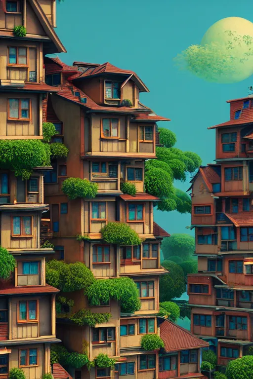 Prompt: stacked houses, solarpunk, francois schuiten, studio ghibli, octane render, 4 k