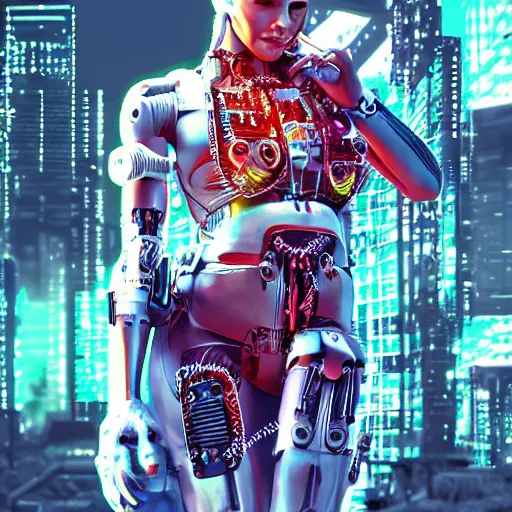 Prompt: digital character art, cyborg cyberpunk, high contrast hd optics, 8 k dop dof, omnipotent female human cyborg goddess, native american, cultural dress, colored contrast lighting, by lena vargas