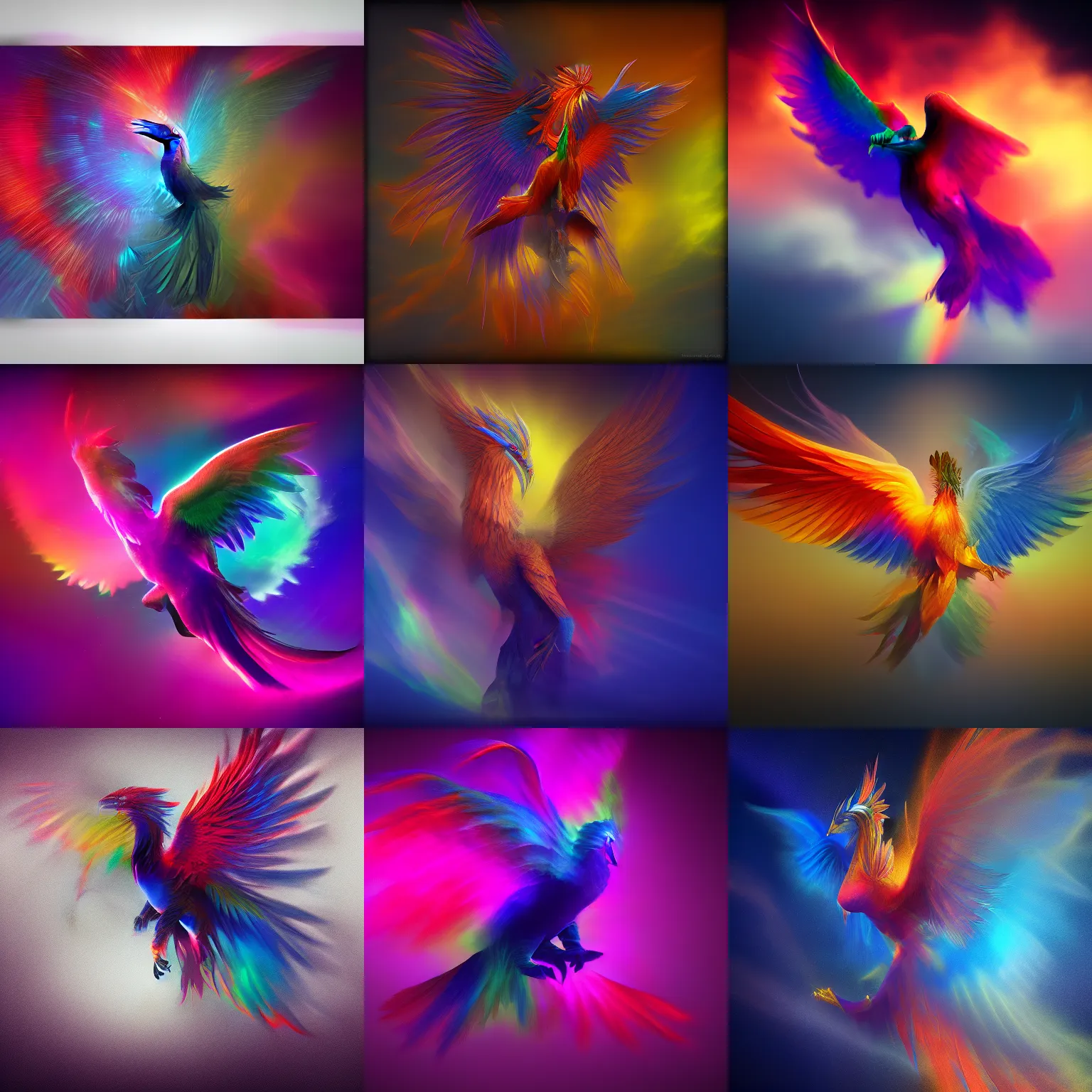 Image similar to a fantasy painting of an abstract rainbow phoenix on a dark background, high contrast, positive energy, unreal engine 5, Houdini render