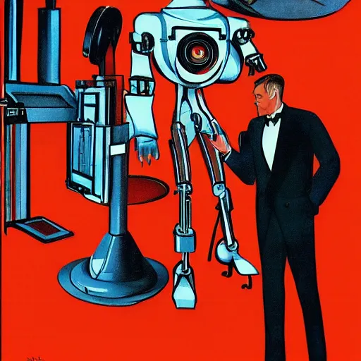 Image similar to man in futurist 6 0 ´ s lab, machines and futurist robots, red lights, leyendecker style, black suit