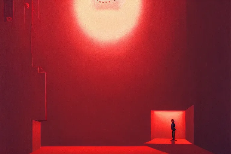 Image similar to only with red, netflix studios with workers at work, a big mickey mouse head in the middle, in the style of beksinski, parts by edward hopper, parts by rodcenko, parts by yue minjun, intricate and epic composition, red by caravaggio, insanely quality, highly detailed, masterpiece, red light, artstation, 4 k