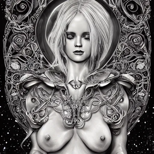 Image similar to blonde girl in a cosmic dress, full-body tattoos, ornate, rococo, grotesque, zbrush art, majestic, organics, silver filigree, colorful, dark fantasy, celtic knot, anatomical, h r giger style, moebius, frank frazetta, ornate, art nouveau, symmetrical, turquoise jewelry, red smoke, roses, unbiased render, rotten, Emil melmoth, eerie, macabre, haunting + insanely detailed and intricate, floral, faded pink, hypermaximalist, elegant, vintage, hyper realistic, super detailed, pastel colors,