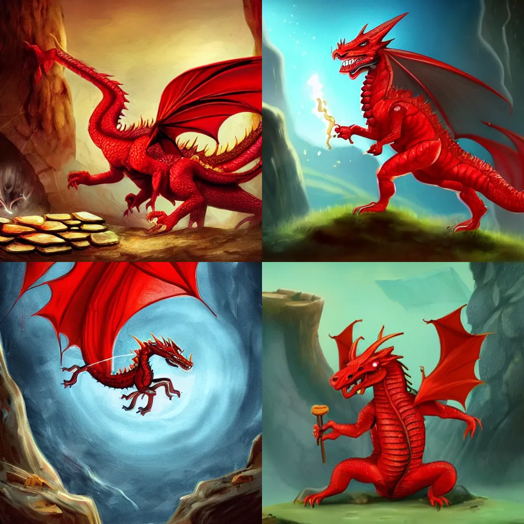 Prompt: a cute red dragon with two pieces of toast sprouting out of its back, inside a cave, fantasy illustration