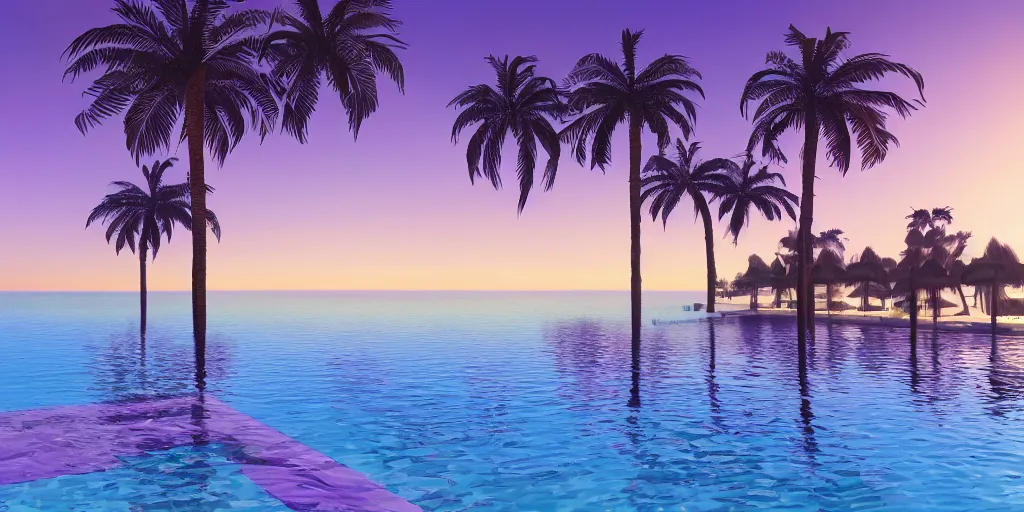 Image similar to purple sunset. palm trees. beach. realistic. digital concept art. fluffy. poolside. hyper realistic