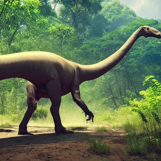 Image similar to a brontosaurus with battle armor and mounted guns walking in a lush jungle, unreal engine, hyperrealistic, volumetric lighting, raytraced